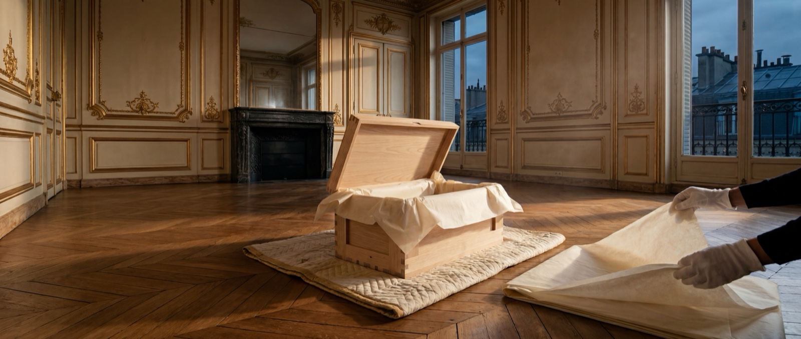 Salon haussmannien parisien · caisse muséale sur mesure avant transfert · Griffon Movers
