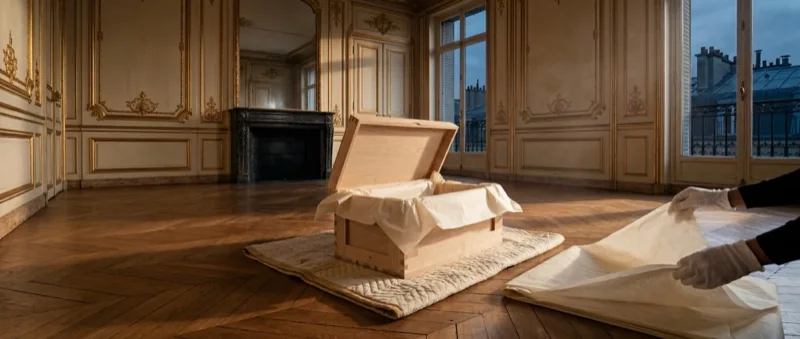 Salon haussmannien parisien, caisse muséale prête au départ pour Dubaï · Griffon Movers