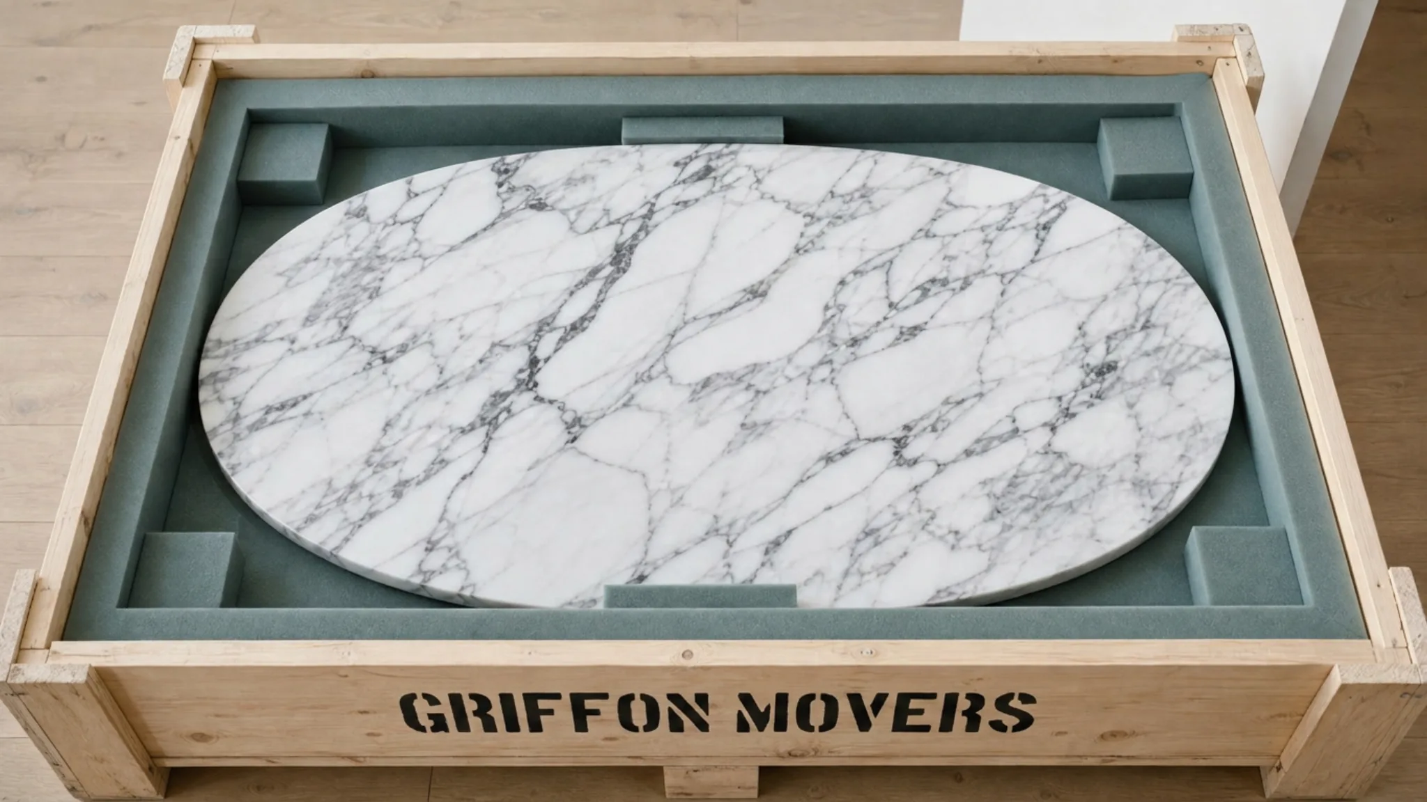 Plateau marbre conditionné dans une caisse bois sur mesure · protocole musée Griffon